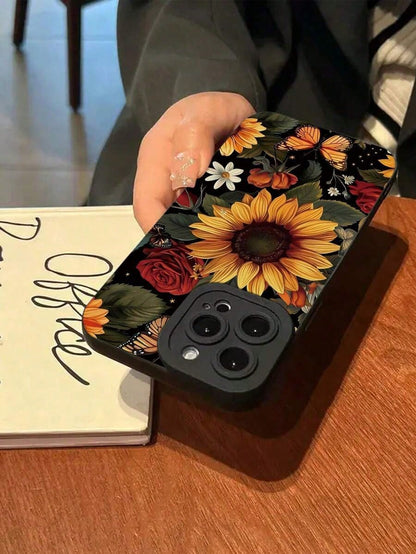 1pc Minimalist Sunflower Rose Butterfly Print Soft Phone Case, Compatible With IPhone 7/7p/X/Xs/Xr/Xmax/11/11pro/11promax/12/12pro/12promax/13/13pro/13promax/14/14pro/14plus/14promax/15/15pro/15plus/1