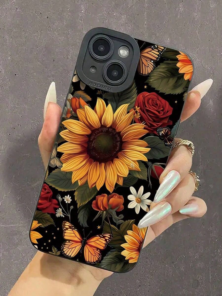 1pc Minimalist Sunflower Rose Butterfly Print Soft Phone Case, Compatible With IPhone 7/7p/X/Xs/Xr/Xmax/11/11pro/11promax/12/12pro/12promax/13/13pro/13promax/14/14pro/14plus/14promax/15/15pro/15plus/1