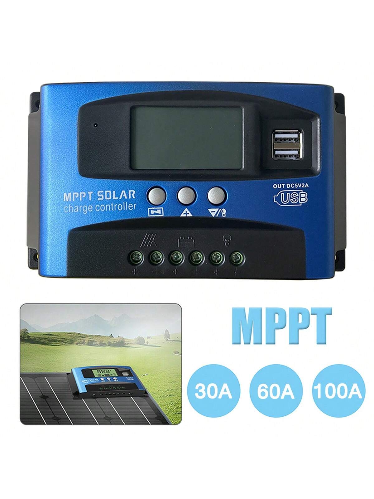 1pc MPPT Solar Charge Controller 100A 60A 30A, 12V/ 24V Solar Panel Intelligent Regulator With Adjustable LCD Display Dual USB Port Timer Setting Auto Parameter