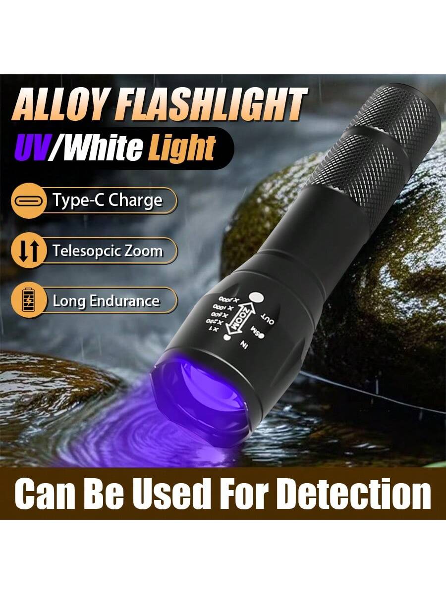 1pc Multi-Function LED Flashlight, 2 Lighting Modes (White Light & UV Light), Type-C Rechargeable, Daily Waterproof, Suitable For Pet Search, Home, Outdoor, Camping, Fishing And More