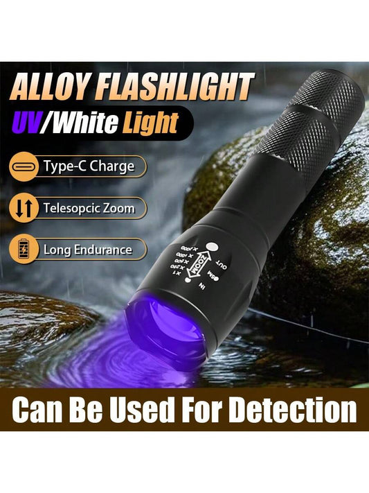 1pc Multi-Function LED Flashlight, 2 Lighting Modes (White Light & UV Light), Type-C Rechargeable, Daily Waterproof, Suitable For Pet Search, Home, Outdoor, Camping, Fishing And More