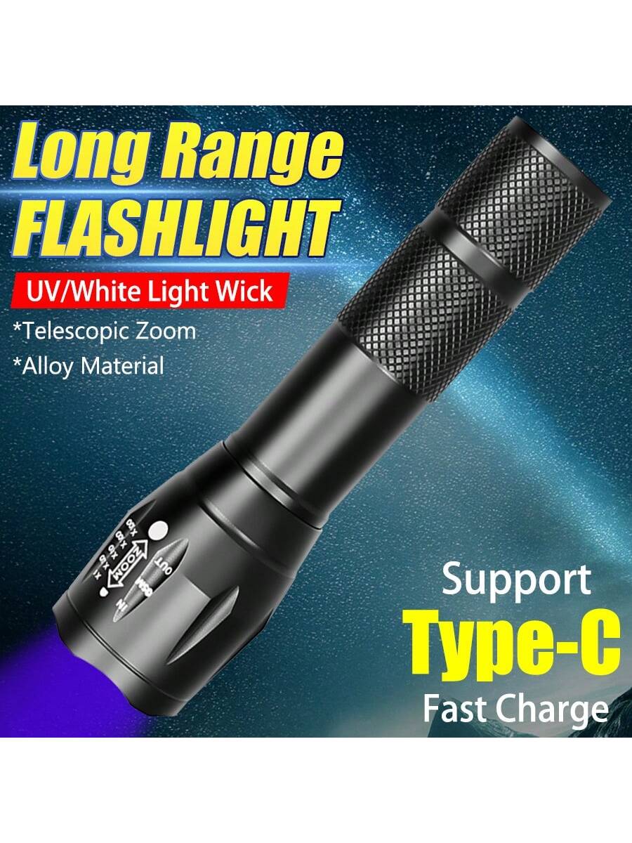 1pc Multi-Function LED Flashlight, 2 Lighting Modes (White Light & UV Light), Type-C Rechargeable, Daily Waterproof, Suitable For Pet Search, Home, Outdoor, Camping, Fishing And More