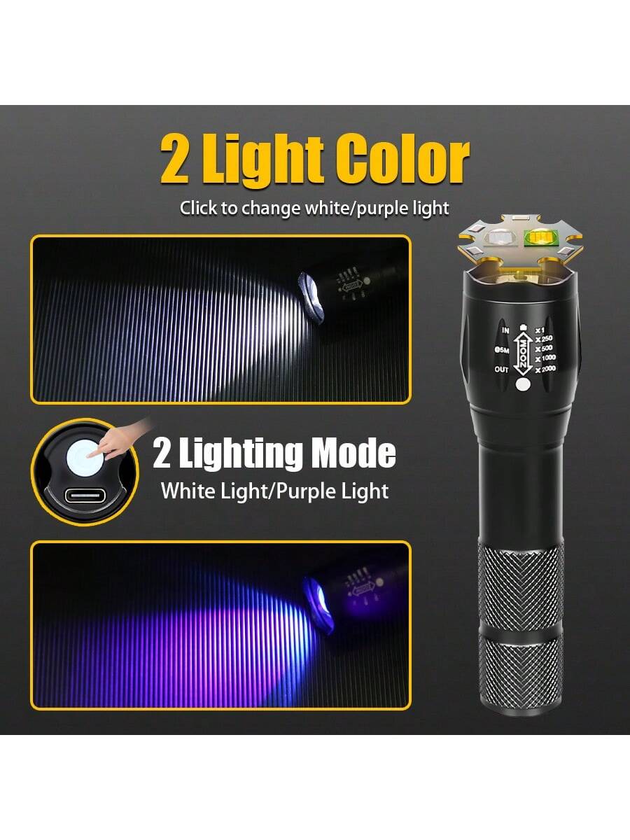 1pc Multi-Function LED Flashlight, 2 Lighting Modes (White Light & UV Light), Type-C Rechargeable, Daily Waterproof, Suitable For Pet Search, Home, Outdoor, Camping, Fishing And More
