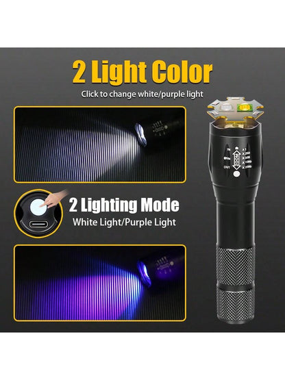 1pc Multi-Function LED Flashlight, 2 Lighting Modes (White Light & UV Light), Type-C Rechargeable, Daily Waterproof, Suitable For Pet Search, Home, Outdoor, Camping, Fishing And More