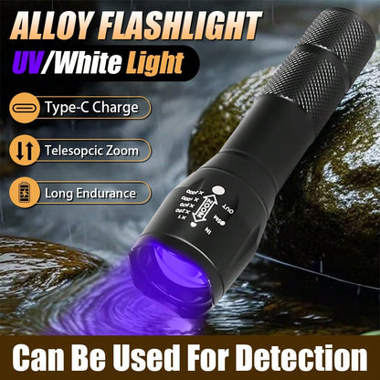 1pc Multi-Function LED Flashlight, 2 Lighting Modes (White Light & UV Light), Type-C Rechargeable, Daily Waterproof, Suitable For Pet Search, Home, Outdoor, Camping, Fishing And More