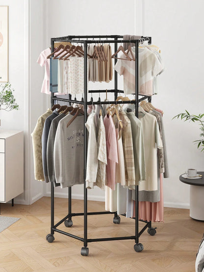 1pc Multi-Functional Clothes Rack With Wheels, Hanging Clothes Rack Suitable For Indoor, Outdoor, Balcony, Bedroom Space-Saving Clothing Storage Rack, Drying Rack