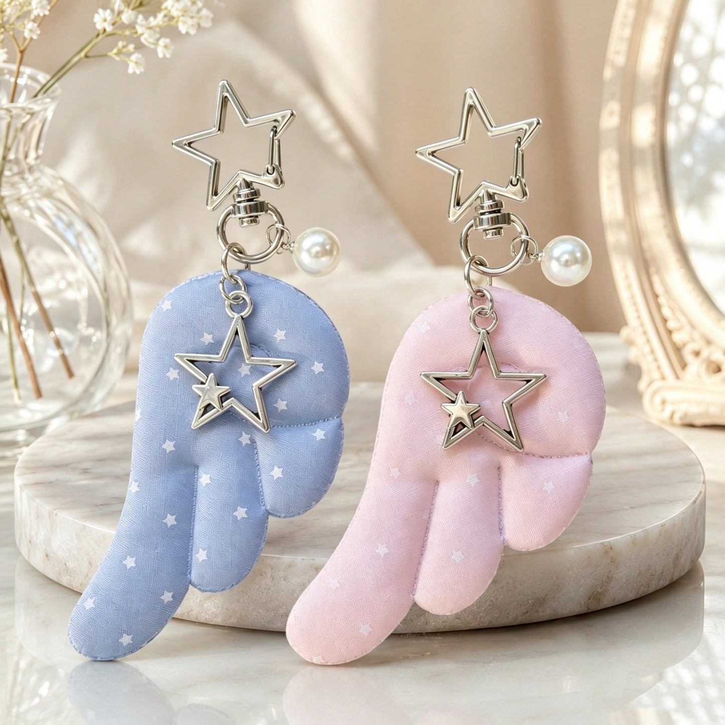 1pc/Multiple Women's Double-Sided Star Print Wing Fabric Pendant Star Faux Pearl Charm Keychain Friend Bag Charm