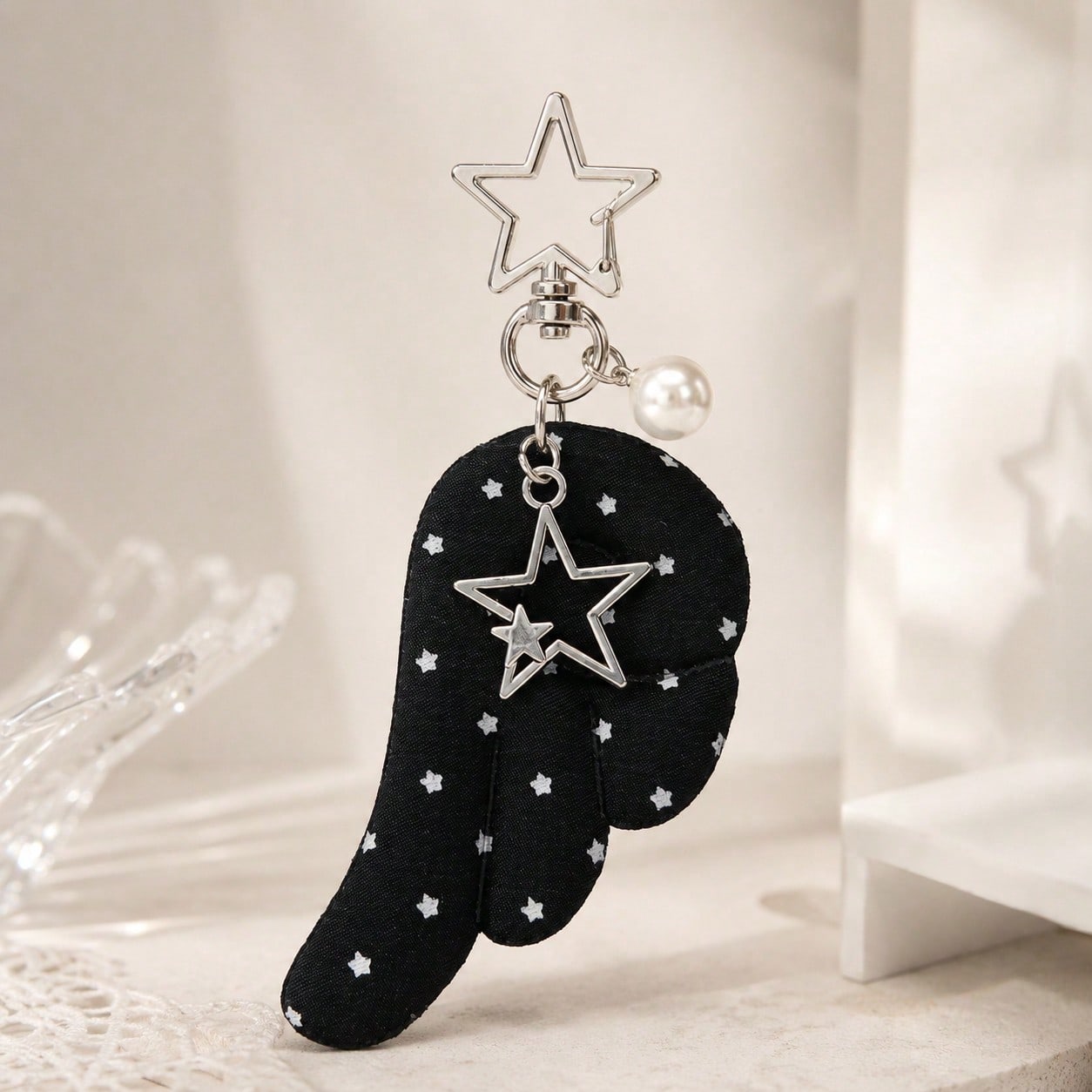 1pc/Multiple Women's Double-Sided Star Print Wing Fabric Pendant Star Faux Pearl Charm Keychain Friend Bag Charm