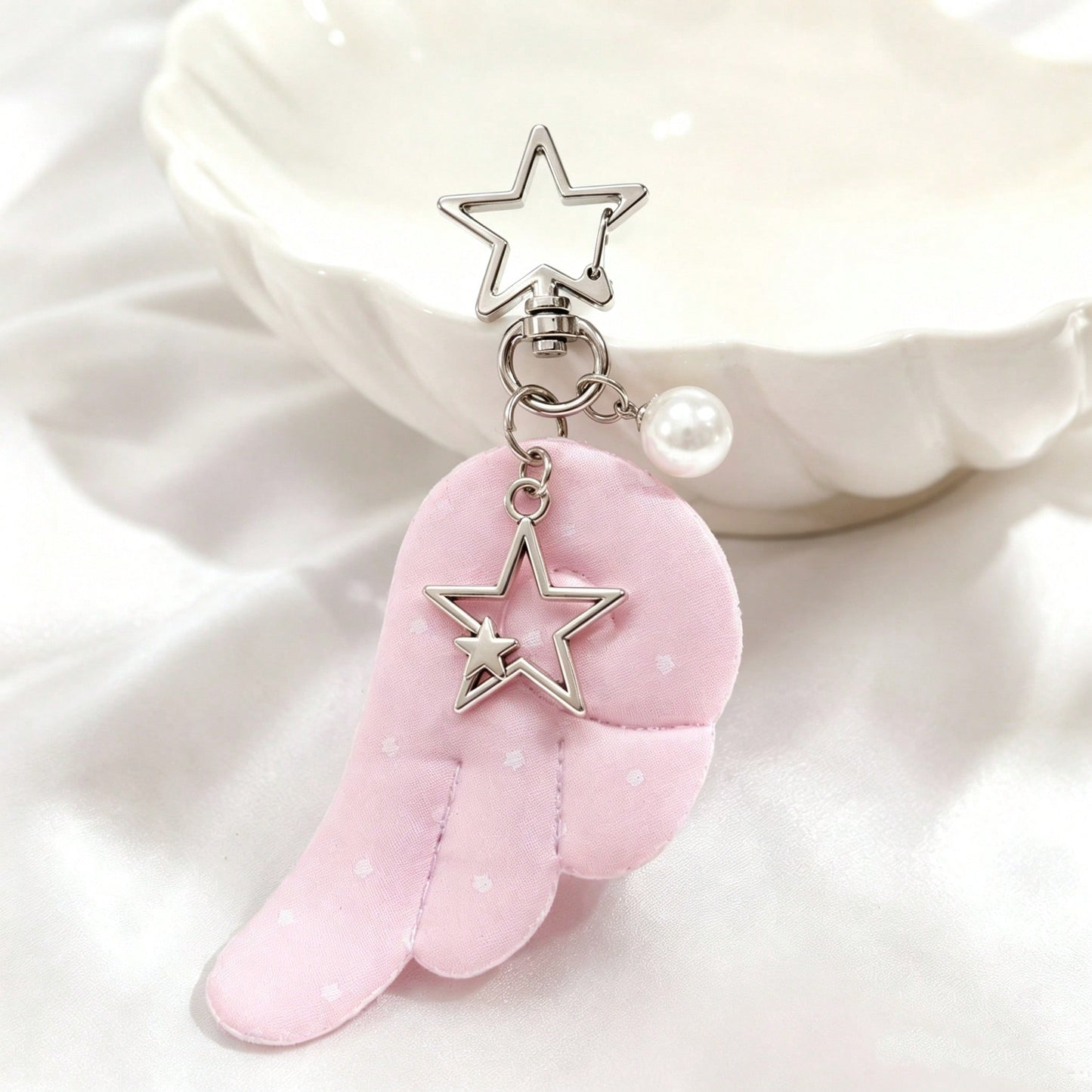1pc/Multiple Women's Double-Sided Star Print Wing Fabric Pendant Star Faux Pearl Charm Keychain Friend Bag Charm