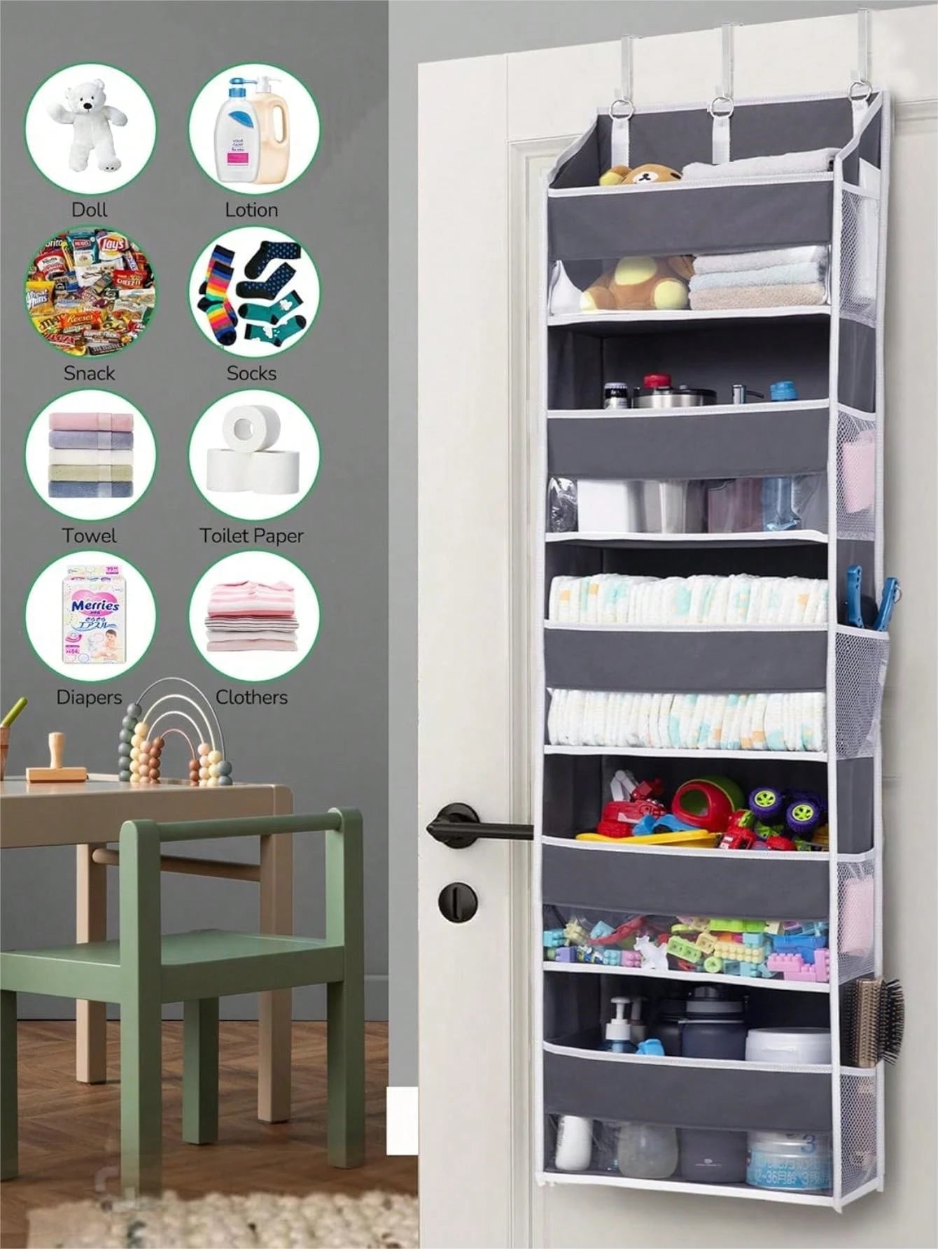 1pc Over Door Organizer With 5 Large Pockets 10 Side Pockets,44 Lbs Weight Capacity Hanging Storage Organizer For Nursery,Bathroom,Bedroom And Dorm