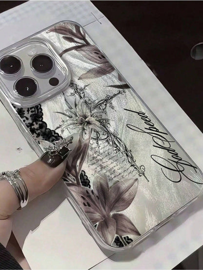 1pc Personalized Dark Cross Lily Collage Aesthetic Pattern Feather Tulle Laser Waterproof Anti-Fingerprint Anti-Scratch Transparent IMD Soft Glossy Smooth Phone Case Compatible With IPhone 16 Pro Max