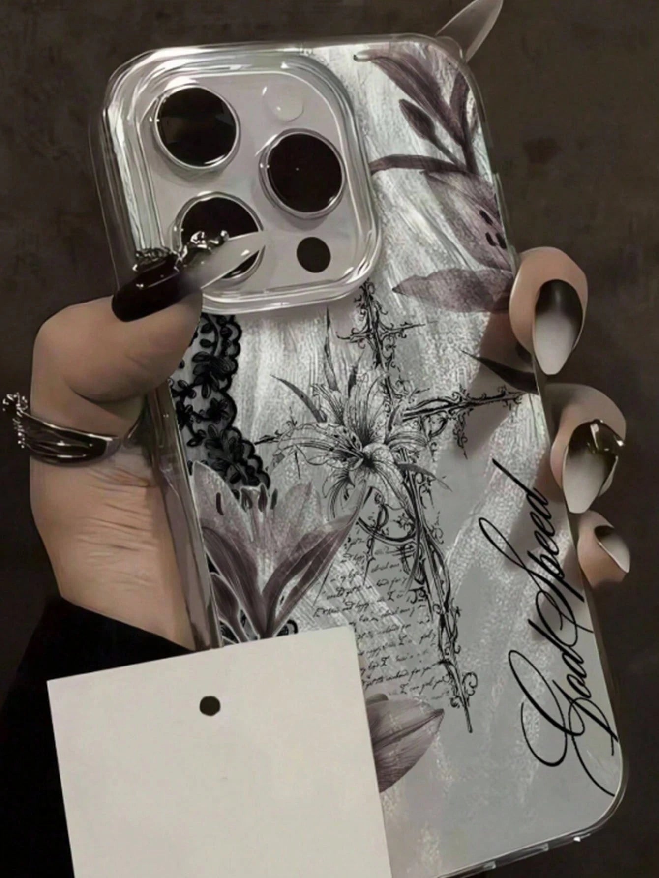 1pc Personalized Dark Cross Lily Collage Aesthetic Pattern Feather Tulle Laser Waterproof Anti-Fingerprint Anti-Scratch Transparent IMD Soft Glossy Smooth Phone Case Compatible With IPhone 16 Pro Max