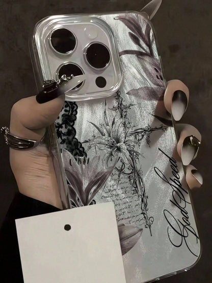1pc Personalized Dark Cross Lily Collage Aesthetic Pattern Feather Tulle Laser Waterproof Anti-Fingerprint Anti-Scratch Transparent IMD Soft Glossy Smooth Phone Case Compatible With IPhone 16 Pro Max