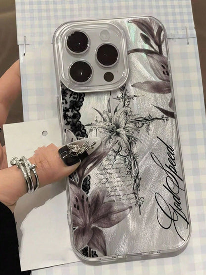 1pc Personalized Dark Cross Lily Collage Aesthetic Pattern Feather Tulle Laser Waterproof Anti-Fingerprint Anti-Scratch Transparent IMD Soft Glossy Smooth Phone Case Compatible With IPhone 16 Pro Max