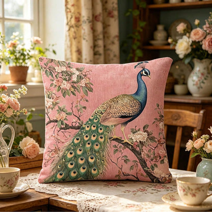 1pc Pink Background Peacock Decorative Pillow Case- Soft & Smooth Polyester Velvet Fabric, Double-Sided Printed Pattern, Zipper Closure, Machine Washable, Elegant Floral & Peacock Design, Suitable Fo