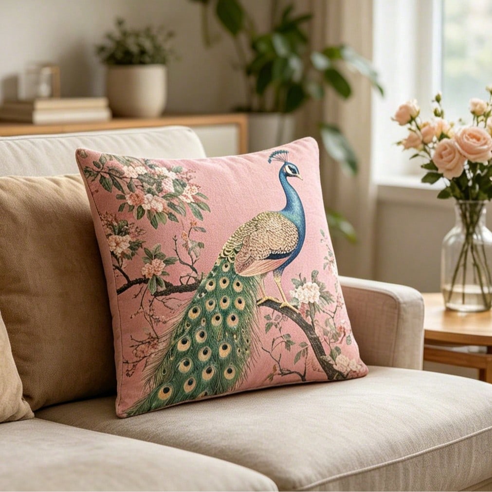1pc Pink Background Peacock Decorative Pillow Case- Soft & Smooth Polyester Velvet Fabric, Double-Sided Printed Pattern, Zipper Closure, Machine Washable, Elegant Floral & Peacock Design, Suitable Fo