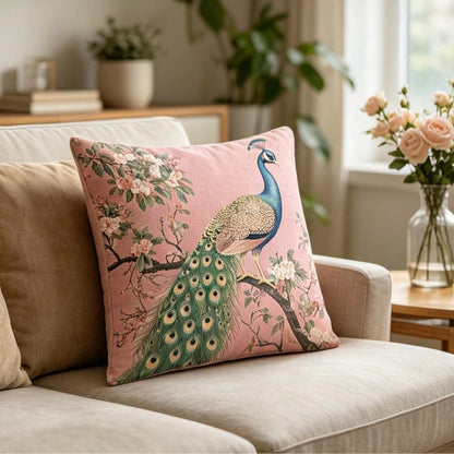 1pc Pink Background Peacock Decorative Pillow Case- Soft & Smooth Polyester Velvet Fabric, Double-Sided Printed Pattern, Zipper Closure, Machine Washable, Elegant Floral & Peacock Design, Suitable Fo