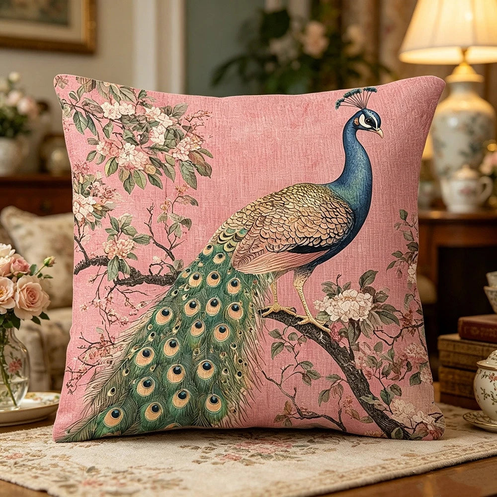 1pc Pink Background Peacock Decorative Pillow Case- Soft & Smooth Polyester Velvet Fabric, Double-Sided Printed Pattern, Zipper Closure, Machine Washable, Elegant Floral & Peacock Design, Suitable Fo
