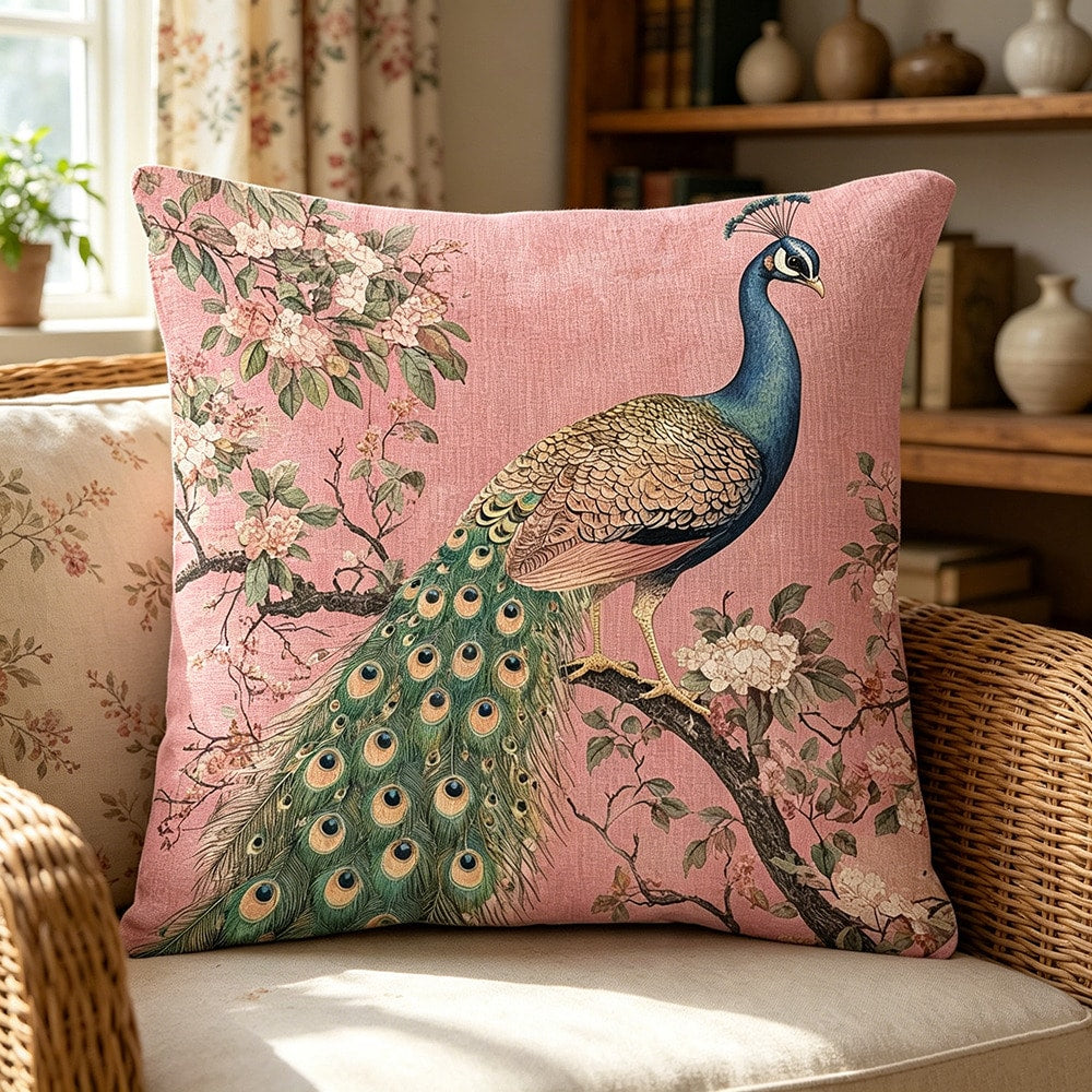 1pc Pink Background Peacock Decorative Pillow Case- Soft & Smooth Polyester Velvet Fabric, Double-Sided Printed Pattern, Zipper Closure, Machine Washable, Elegant Floral & Peacock Design, Suitable Fo