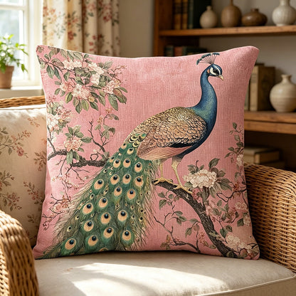 1pc Pink Background Peacock Decorative Pillow Case- Soft & Smooth Polyester Velvet Fabric, Double-Sided Printed Pattern, Zipper Closure, Machine Washable, Elegant Floral & Peacock Design, Suitable Fo