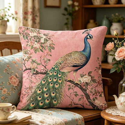 1pc Pink Background Peacock Decorative Pillow Case- Soft & Smooth Polyester Velvet Fabric, Double-Sided Printed Pattern, Zipper Closure, Machine Washable, Elegant Floral & Peacock Design, Suitable Fo