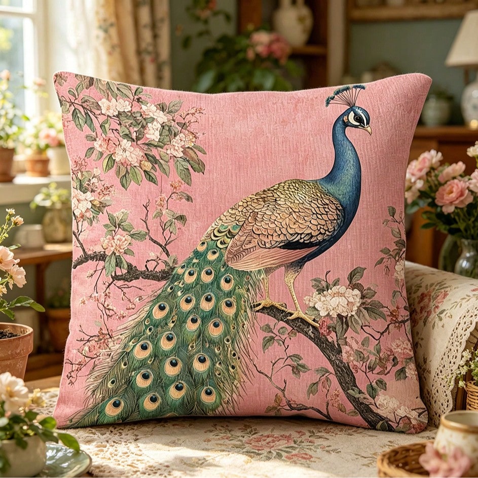 1pc Pink Background Peacock Decorative Pillow Case- Soft & Smooth Polyester Velvet Fabric, Double-Sided Printed Pattern, Zipper Closure, Machine Washable, Elegant Floral & Peacock Design, Suitable Fo