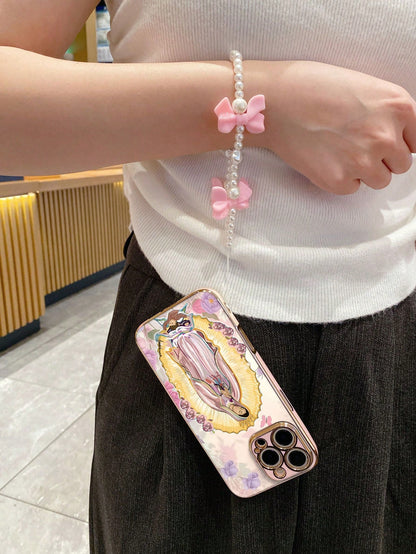1pc Pink Electroplated TPU Virgin Mary Pattern Shockproof Soft Full Coverage Phone Case And 1pc Pink Bow Faux Pearl Wrist Strap Fashion Versatile Creative Personalized Full Coverage Phone Case Suitabl