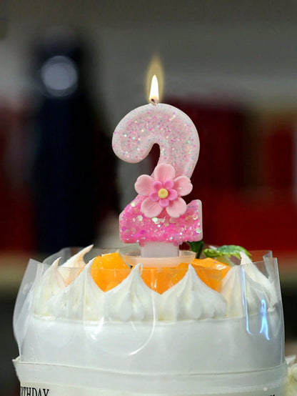 1pc Pink Glitter Number Candle With Floral Accent- Shiny Pink Number Candles, Birthday Candles Sparkling Birthday Cake Decoration For Parties