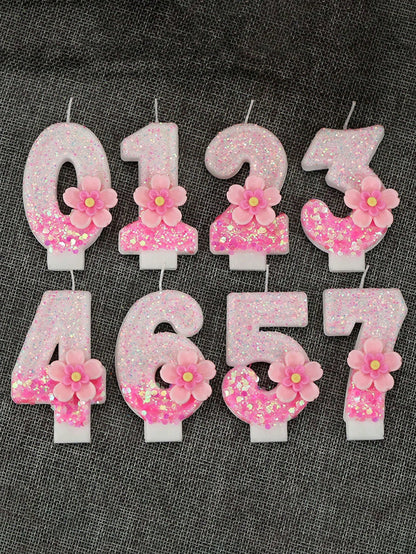 1pc Pink Glitter Number Candle With Floral Accent- Shiny Pink Number Candles, Birthday Candles Sparkling Birthday Cake Decoration For Parties