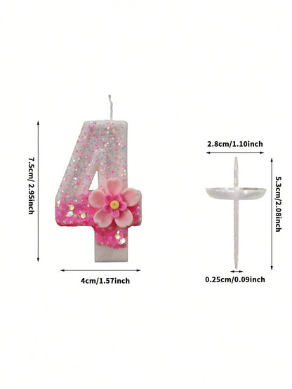 1pc Pink Glitter Number Candle With Floral Accent- Shiny Pink Number Candles, Birthday Candles Sparkling Birthday Cake Decoration For Parties