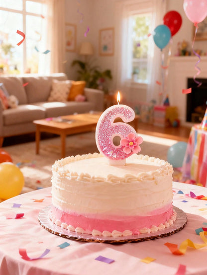 1pc Pink Glitter Number Candle With Floral Accent- Shiny Pink Number Candles, Birthday Candles Sparkling Birthday Cake Decoration For Parties