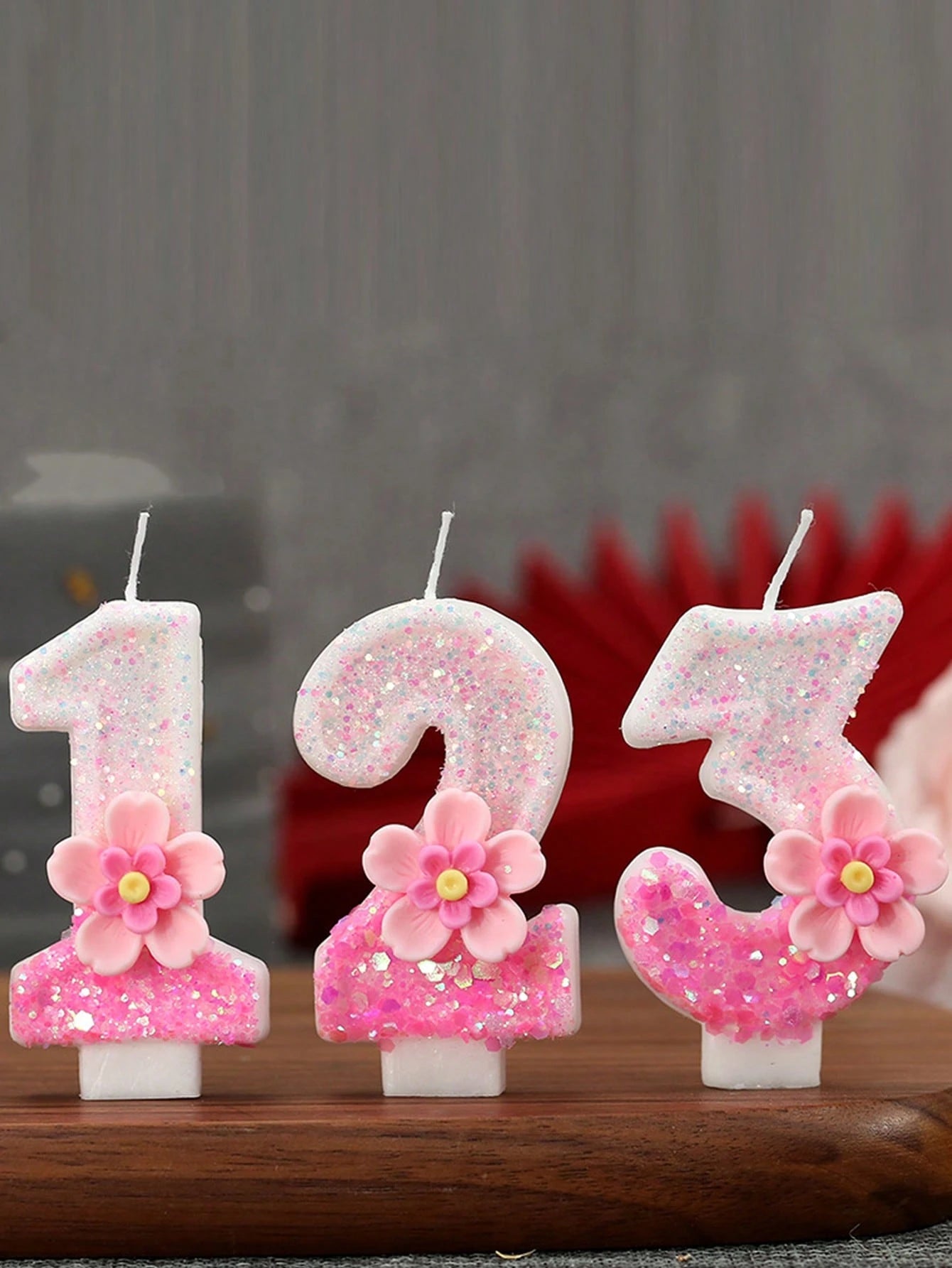 1pc Pink Glitter Number Candle With Floral Accent- Shiny Pink Number Candles, Birthday Candles Sparkling Birthday Cake Decoration For Parties
