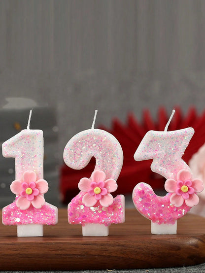 1pc Pink Glitter Number Candle With Floral Accent- Shiny Pink Number Candles, Birthday Candles Sparkling Birthday Cake Decoration For Parties