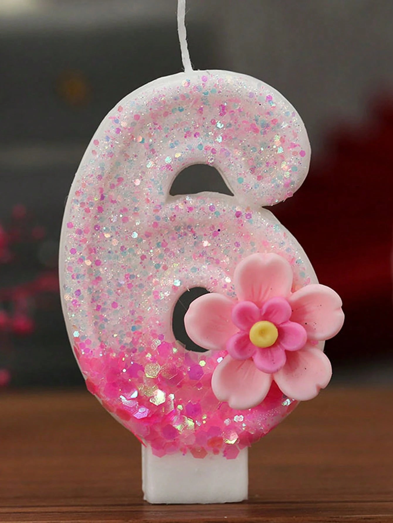 1pc Pink Glitter Number Candle With Floral Accent- Shiny Pink Number Candles, Birthday Candles Sparkling Birthday Cake Decoration For Parties
