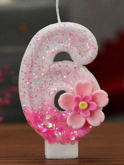 1pc Pink Glitter Number Candle With Floral Accent- Shiny Pink Number Candles, Birthday Candles Sparkling Birthday Cake Decoration For Parties