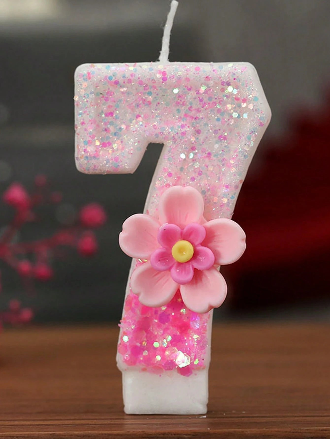 1pc Pink Glitter Number Candle With Floral Accent- Shiny Pink Number Candles, Birthday Candles Sparkling Birthday Cake Decoration For Parties