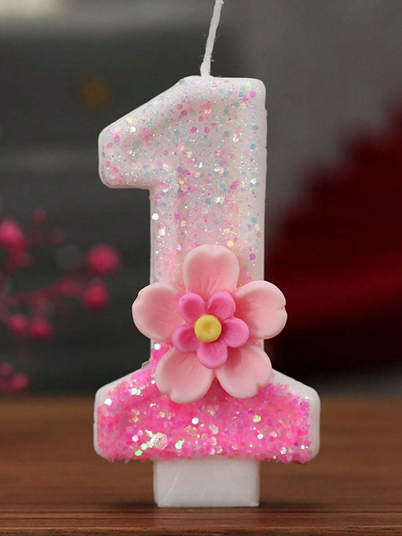 1pc Pink Glitter Number Candle With Floral Accent- Shiny Pink Number Candles, Birthday Candles Sparkling Birthday Cake Decoration For Parties
