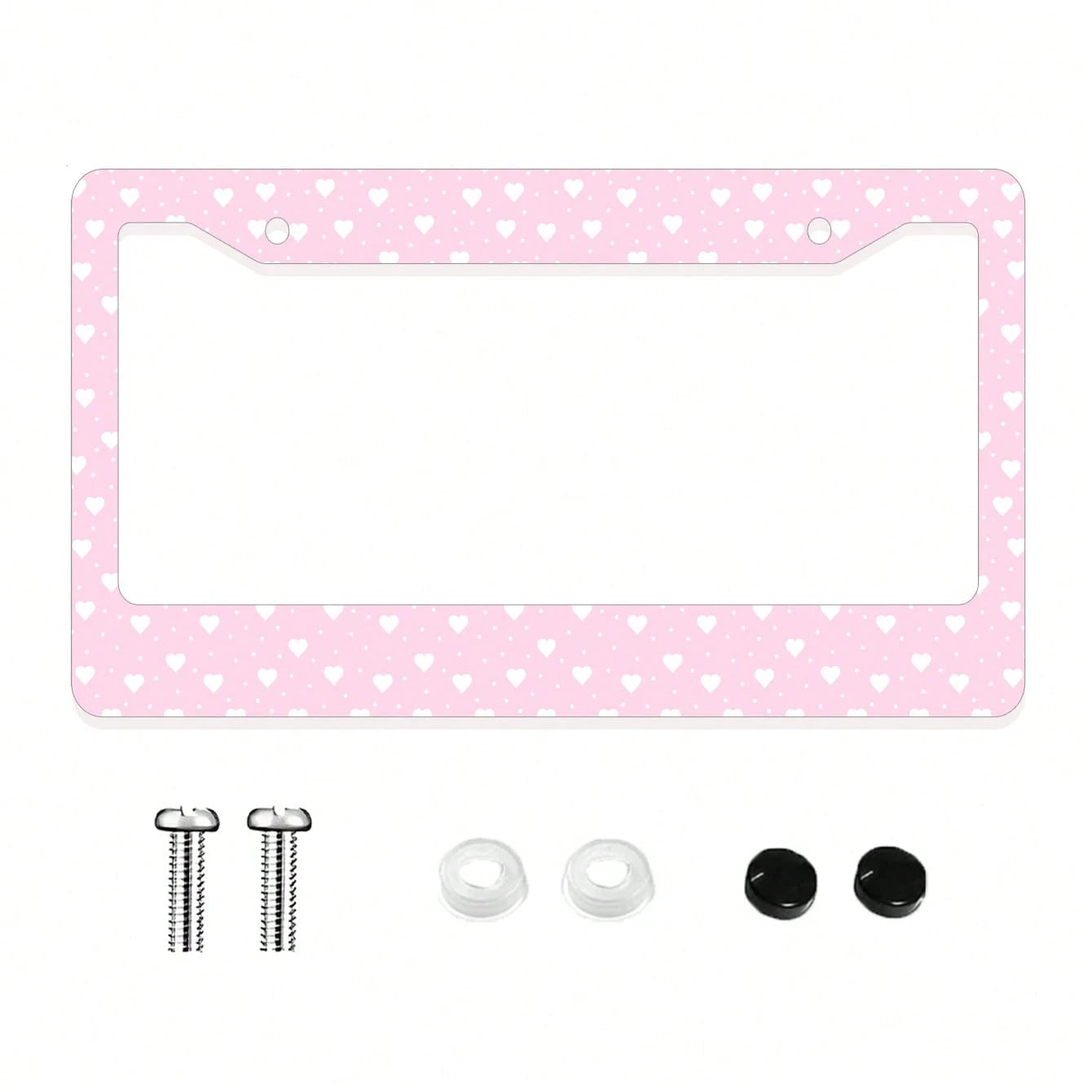 1pc Pink Heart- Printed License Plate Frame, A Novelty And Cartoon- Themed Auto Decoration. Made Of Aluminum, 6x12 Inches, 2- Hole Type With Screw Set. Meets US Auto Standards.