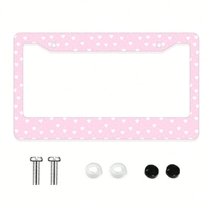 1pc Pink Heart- Printed License Plate Frame, A Novelty And Cartoon- Themed Auto Decoration. Made Of Aluminum, 6x12 Inches, 2- Hole Type With Screw Set. Meets US Auto Standards.