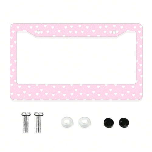 1pc Pink Heart- Printed License Plate Frame, A Novelty And Cartoon- Themed Auto Decoration. Made Of Aluminum, 6x12 Inches, 2- Hole Type With Screw Set. Meets US Auto Standards.