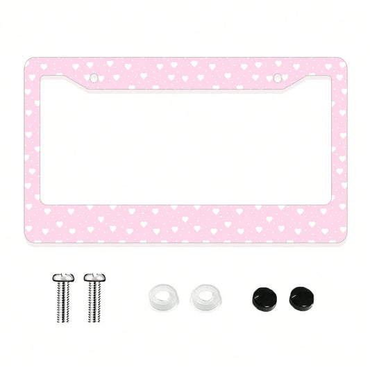 1pc Pink Heart- Printed License Plate Frame, A Novelty And Cartoon- Themed Auto Decoration. Made Of Aluminum, 6x12 Inches, 2- Hole Type With Screw Set. Meets US Auto Standards.