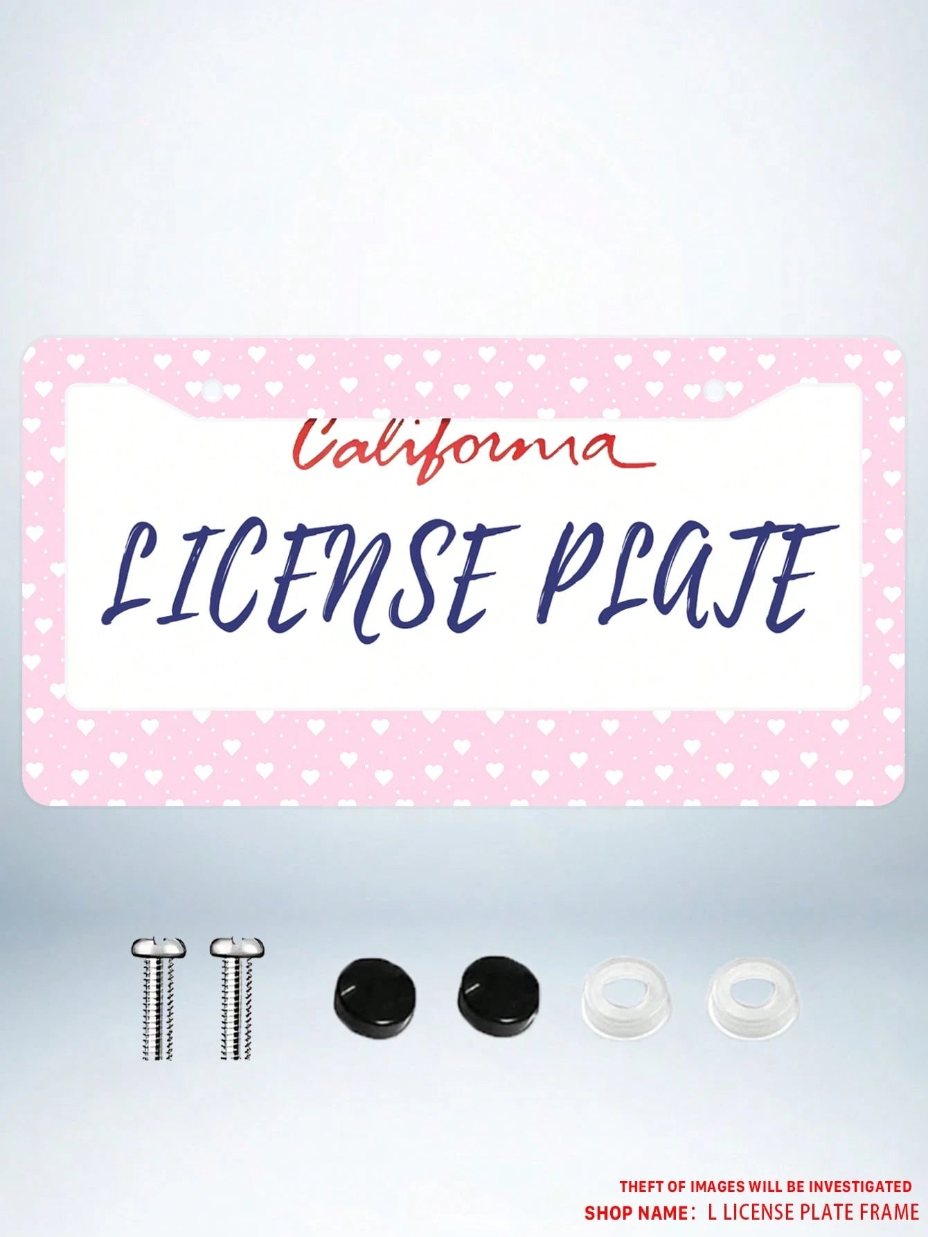 1pc Pink Heart- Printed License Plate Frame, A Novelty And Cartoon- Themed Auto Decoration. Made Of Aluminum, 6x12 Inches, 2- Hole Type With Screw Set. Meets US Auto Standards.