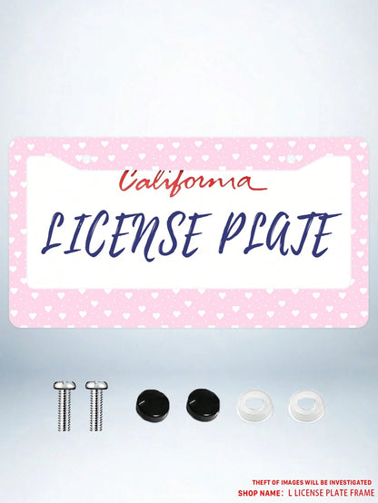 1pc Pink Heart- Printed License Plate Frame, A Novelty And Cartoon- Themed Auto Decoration. Made Of Aluminum, 6x12 Inches, 2- Hole Type With Screw Set. Meets US Auto Standards.