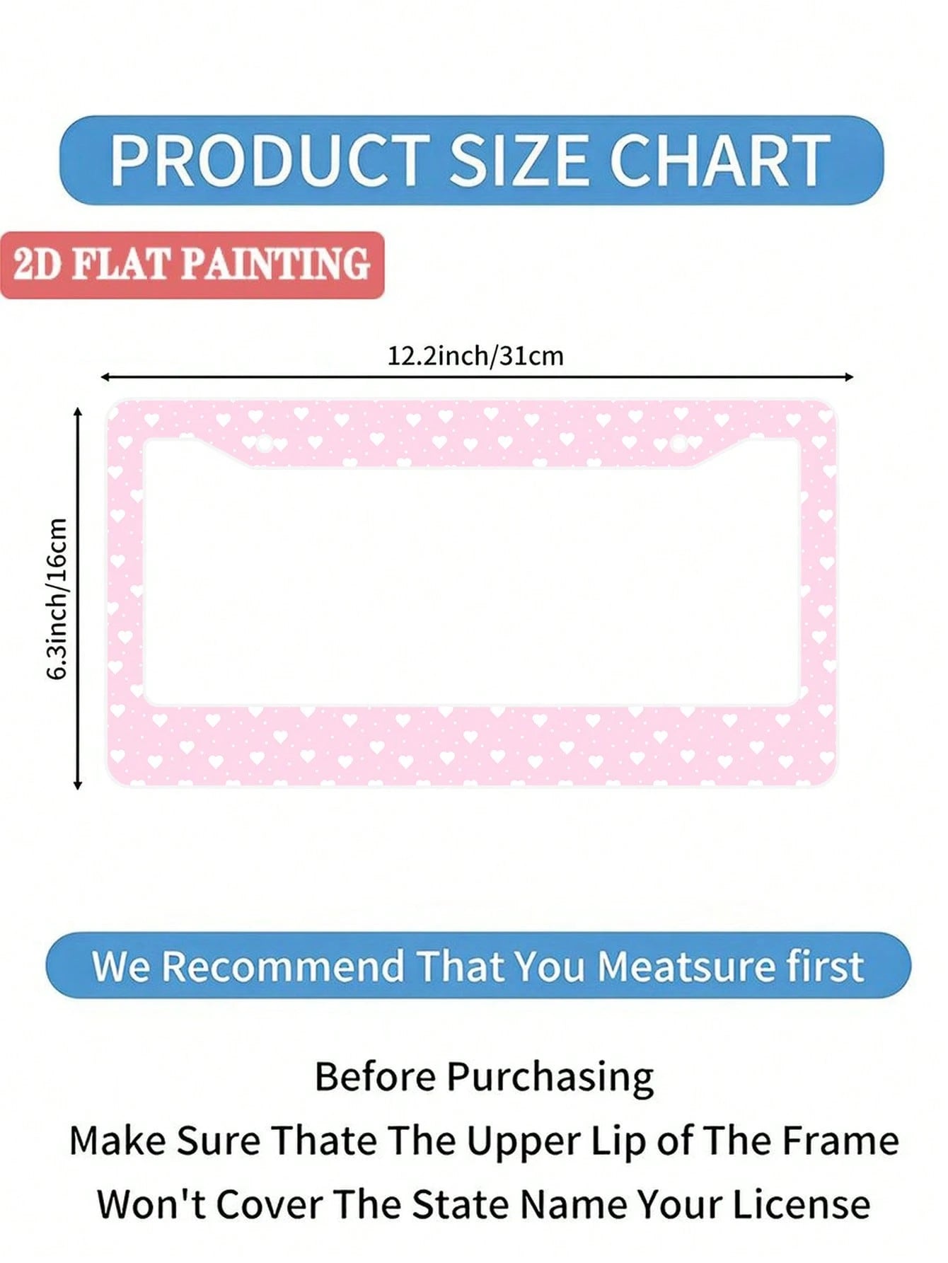 1pc Pink Heart- Printed License Plate Frame, A Novelty And Cartoon- Themed Auto Decoration. Made Of Aluminum, 6x12 Inches, 2- Hole Type With Screw Set. Meets US Auto Standards.