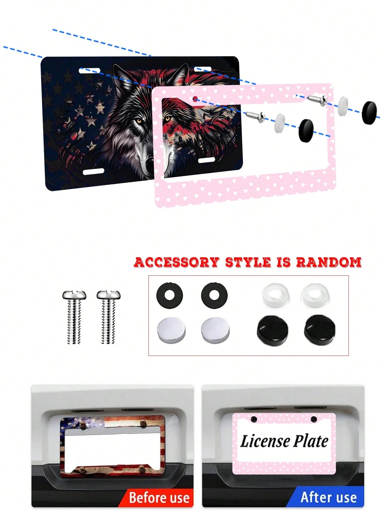 1pc Pink Heart- Printed License Plate Frame, A Novelty And Cartoon- Themed Auto Decoration. Made Of Aluminum, 6x12 Inches, 2- Hole Type With Screw Set. Meets US Auto Standards.