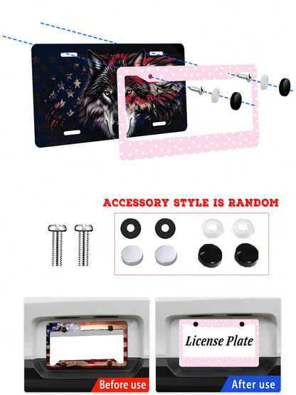 1pc Pink Heart- Printed License Plate Frame, A Novelty And Cartoon- Themed Auto Decoration. Made Of Aluminum, 6x12 Inches, 2- Hole Type With Screw Set. Meets US Auto Standards.