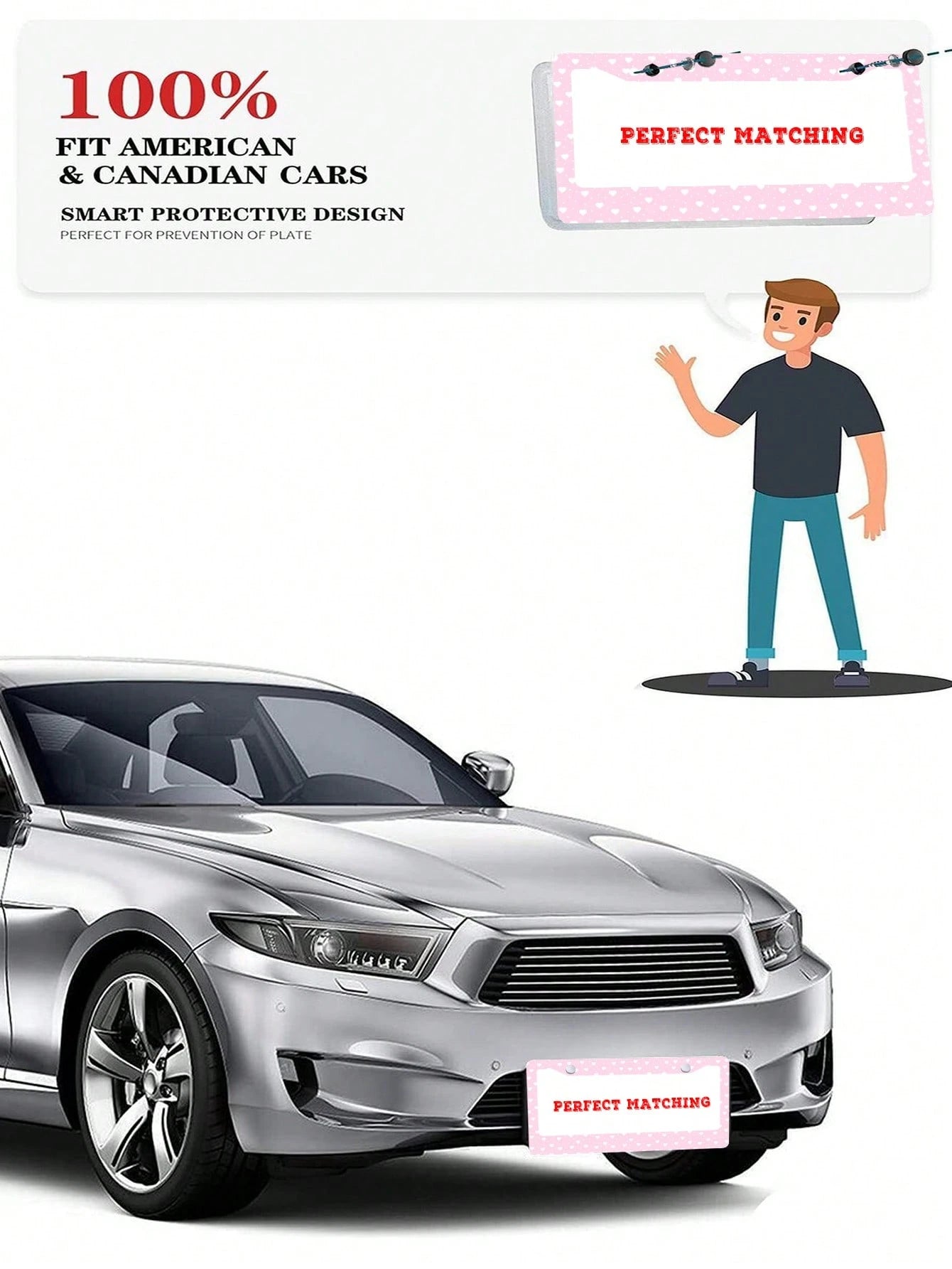 1pc Pink Heart- Printed License Plate Frame, A Novelty And Cartoon- Themed Auto Decoration. Made Of Aluminum, 6x12 Inches, 2- Hole Type With Screw Set. Meets US Auto Standards.