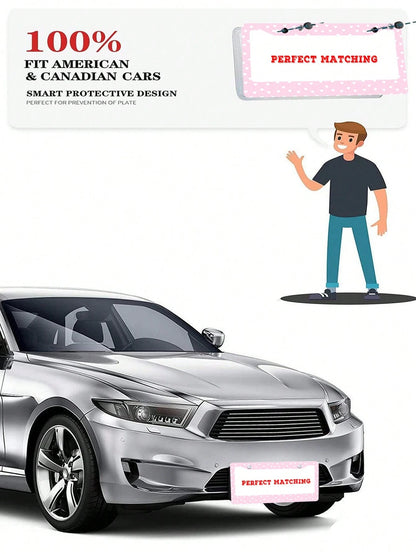 1pc Pink Heart- Printed License Plate Frame, A Novelty And Cartoon- Themed Auto Decoration. Made Of Aluminum, 6x12 Inches, 2- Hole Type With Screw Set. Meets US Auto Standards.