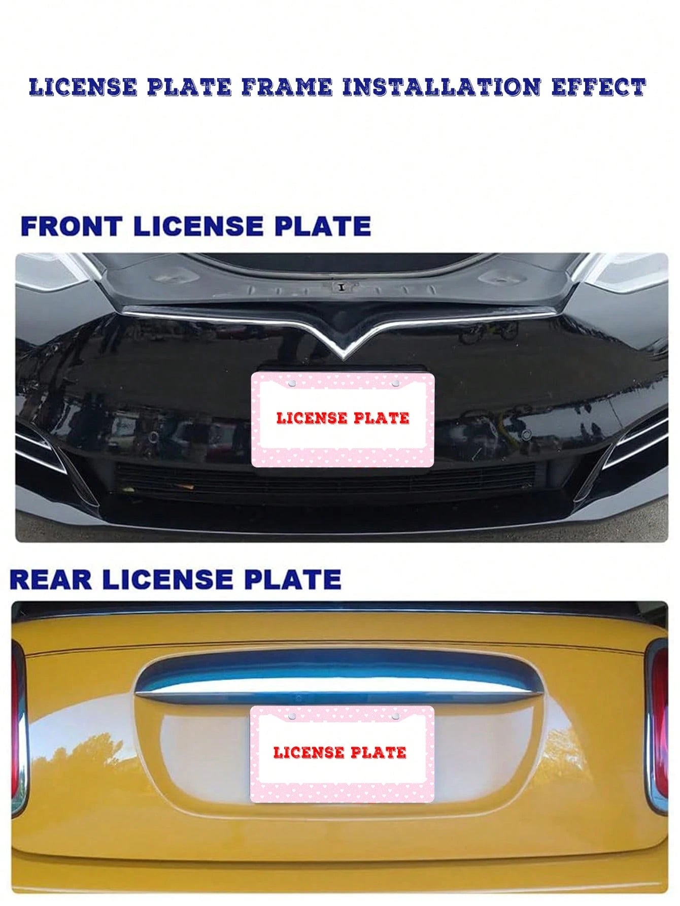 1pc Pink Heart- Printed License Plate Frame, A Novelty And Cartoon- Themed Auto Decoration. Made Of Aluminum, 6x12 Inches, 2- Hole Type With Screw Set. Meets US Auto Standards.