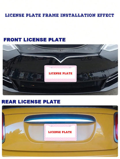 1pc Pink Heart- Printed License Plate Frame, A Novelty And Cartoon- Themed Auto Decoration. Made Of Aluminum, 6x12 Inches, 2- Hole Type With Screw Set. Meets US Auto Standards.